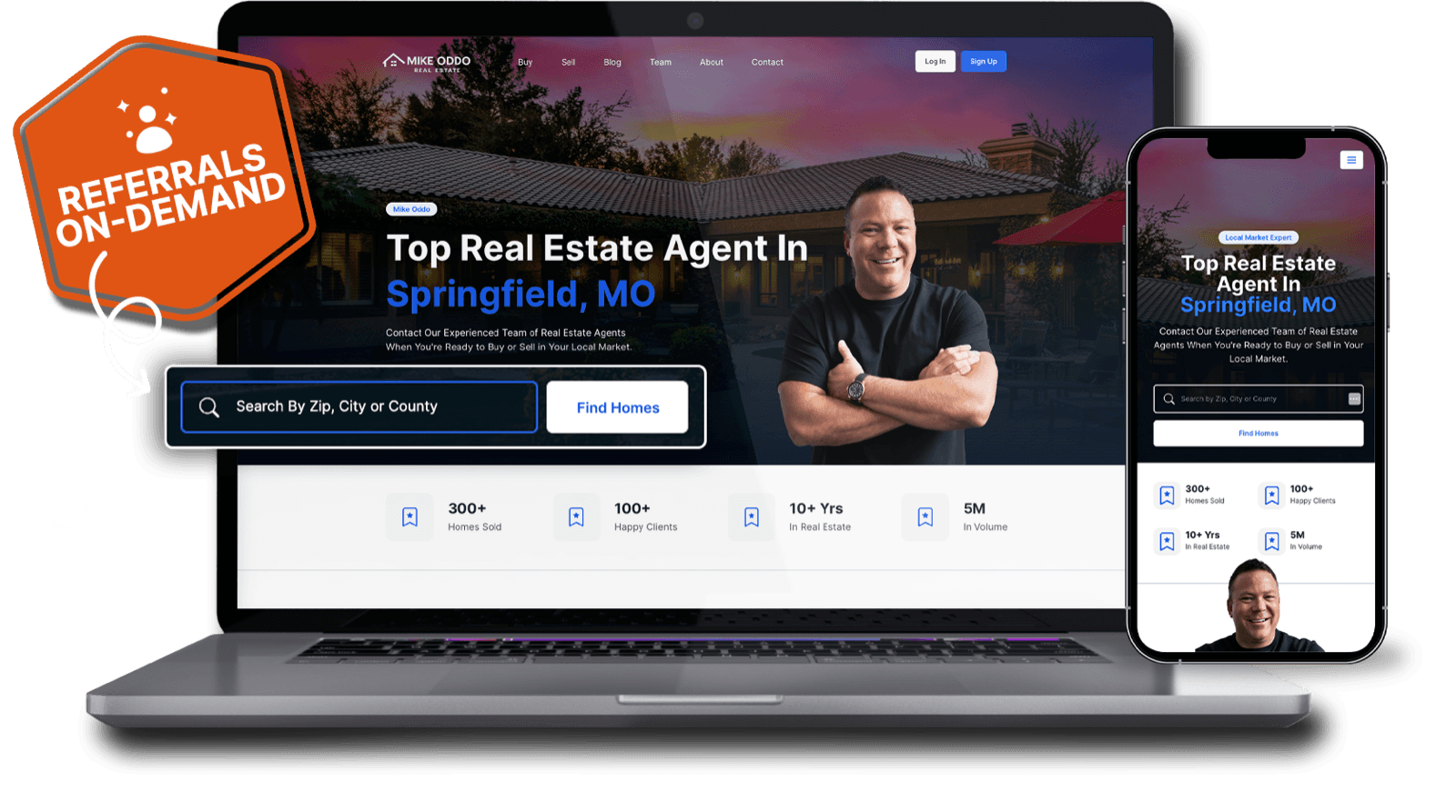 Custom agent website on a laptop and phone with the Referrals On-Demand badge